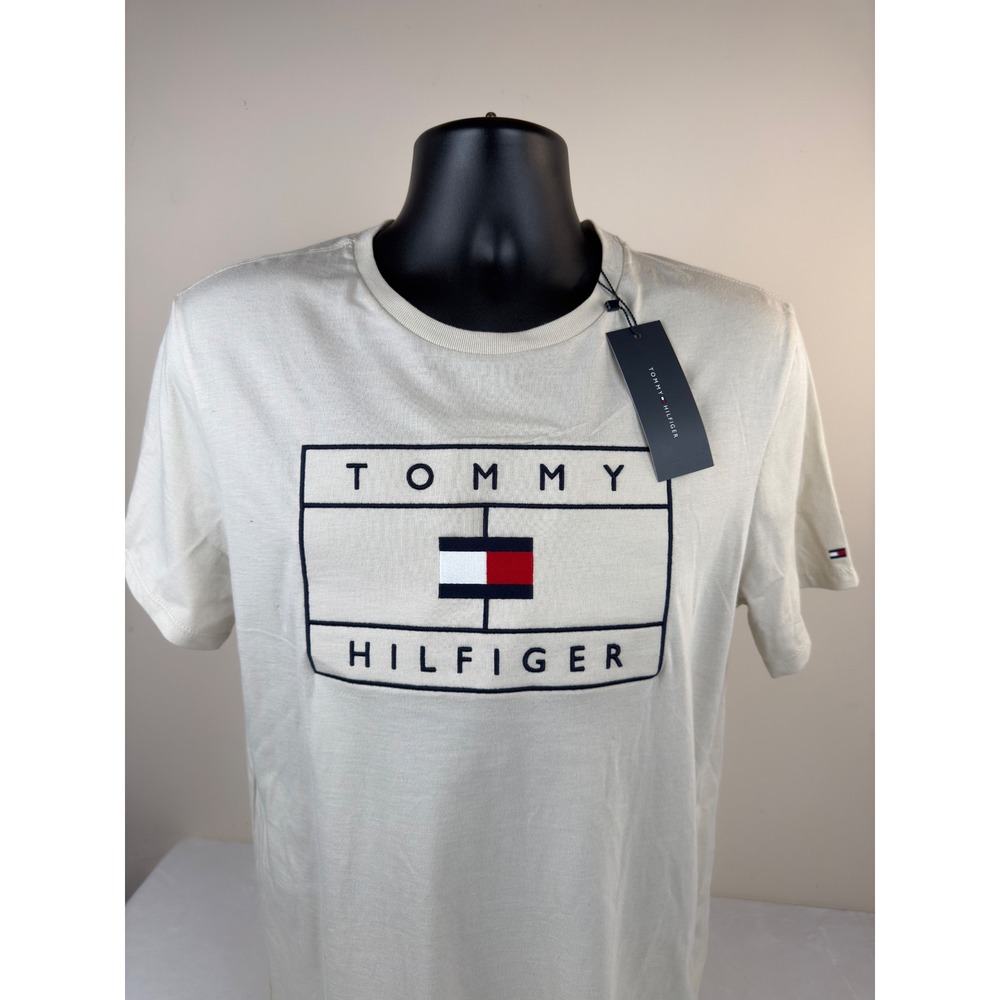 New Tommy Hilfiger Mens Graphic T-Shirt Beige Cotton Logo Tee XM06258 250 Medium